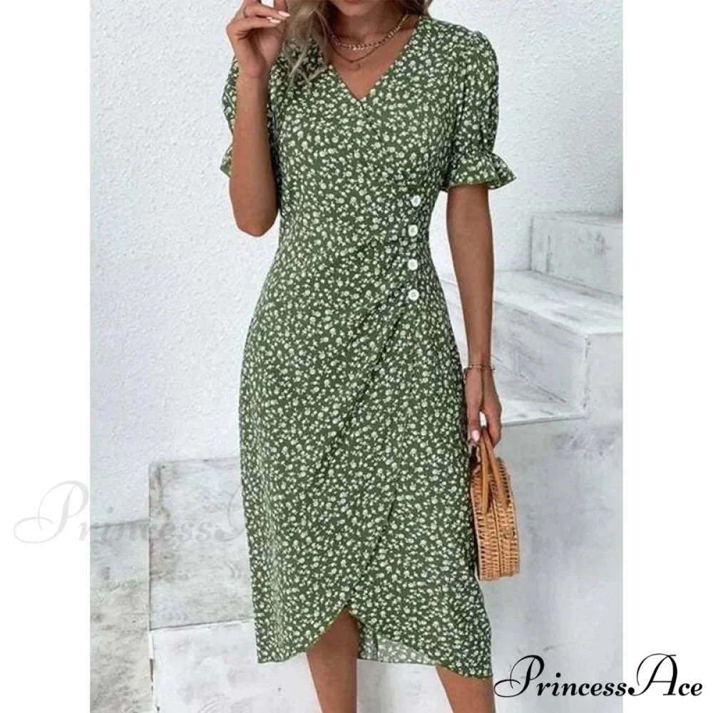 Graceful Flower Midi Puff Sleeve Gathered Waist Flower Dress - Image 10