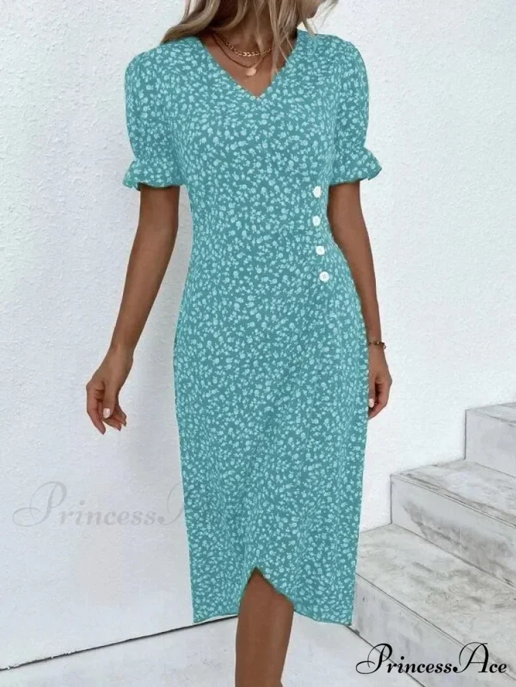 Graceful Flower Midi Puff Sleeve Gathered Waist Flower Dress - Image 11