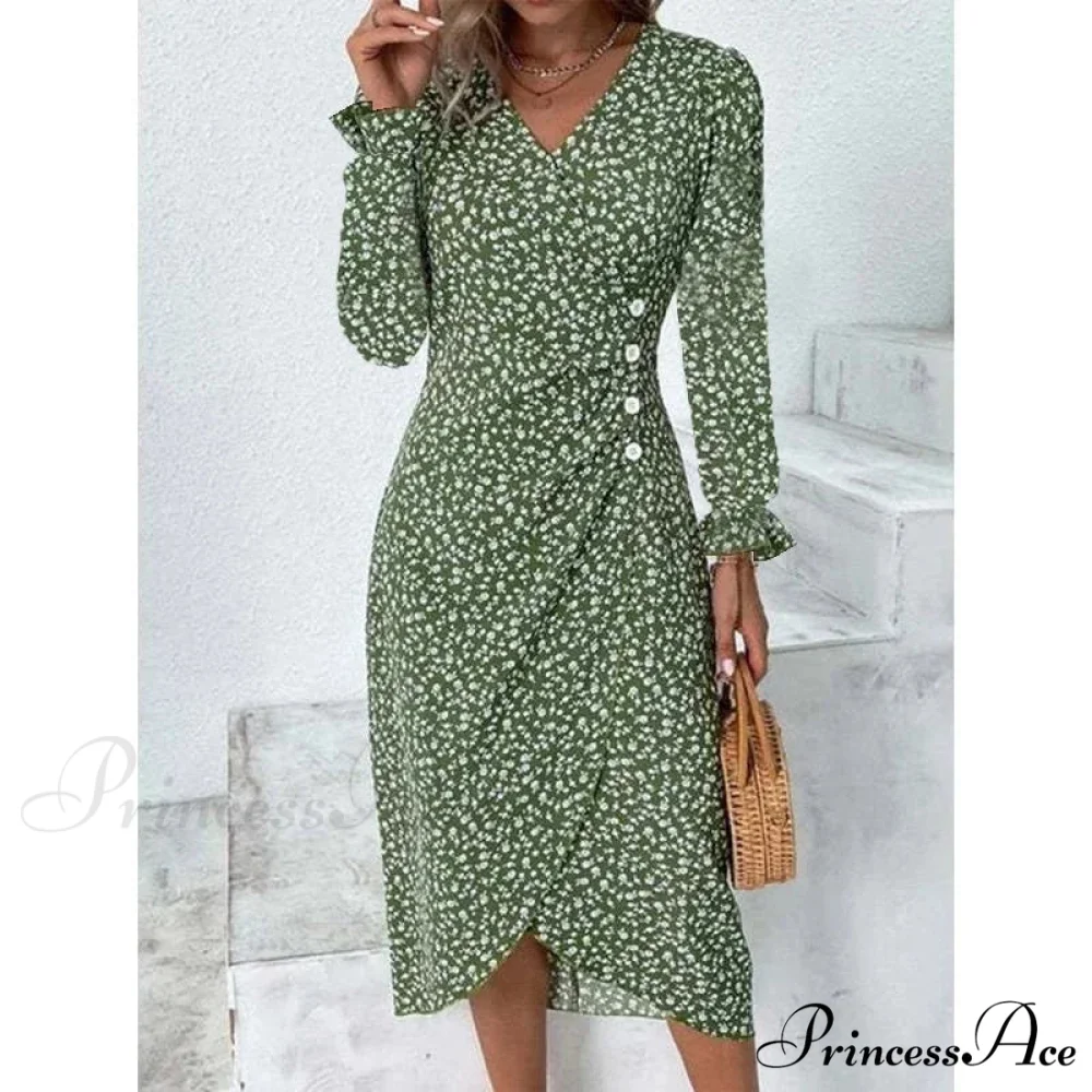 Graceful Flower Midi Puff Sleeve Gathered Waist Flower Dress - Image 12
