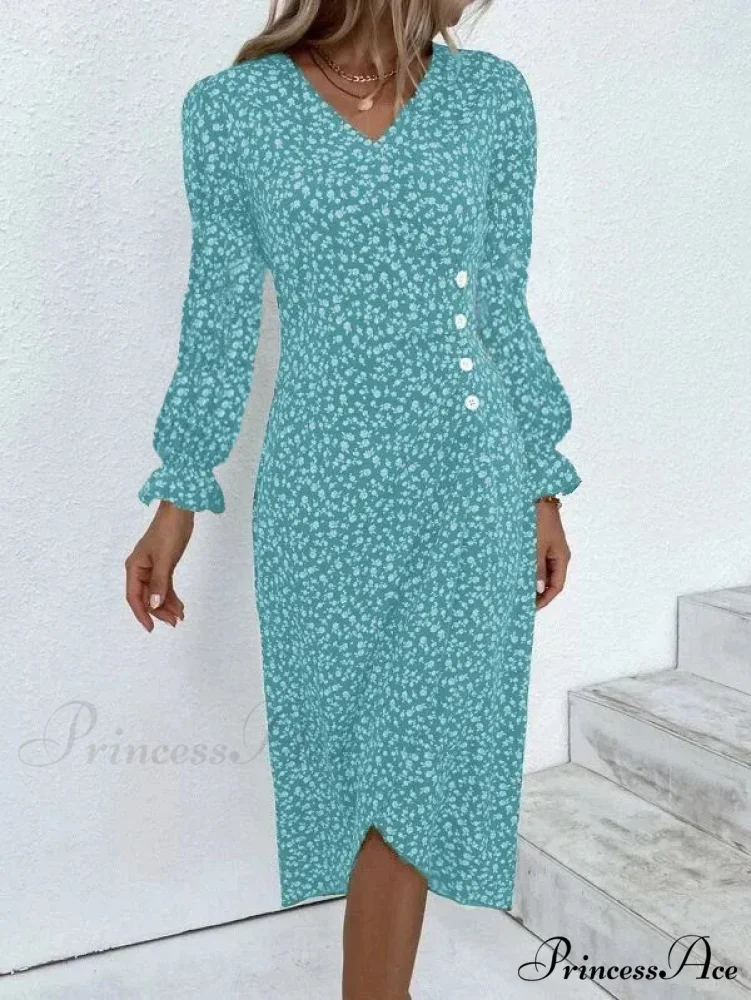 Graceful Flower Midi Puff Sleeve Gathered Waist Flower Dress - Image 14
