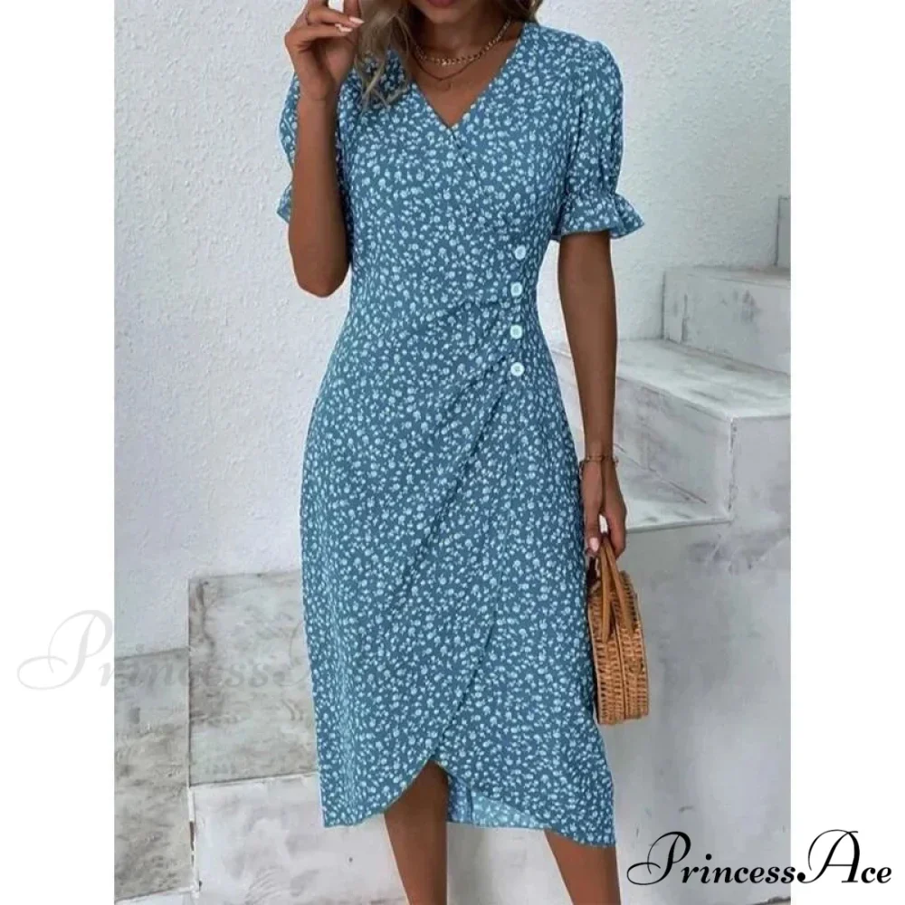 Graceful Flower Midi Puff Sleeve Gathered Waist Flower Dress - Image 2
