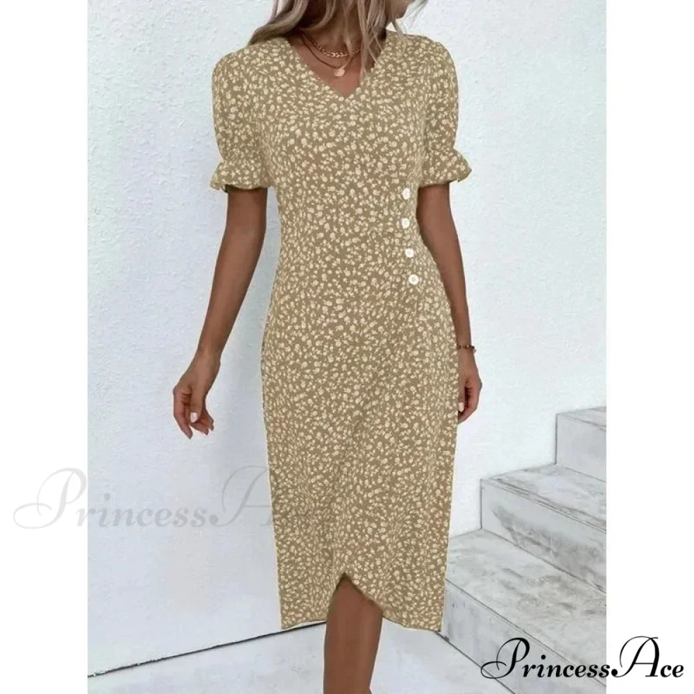 Graceful Flower Midi Puff Sleeve Gathered Waist Flower Dress - Image 3