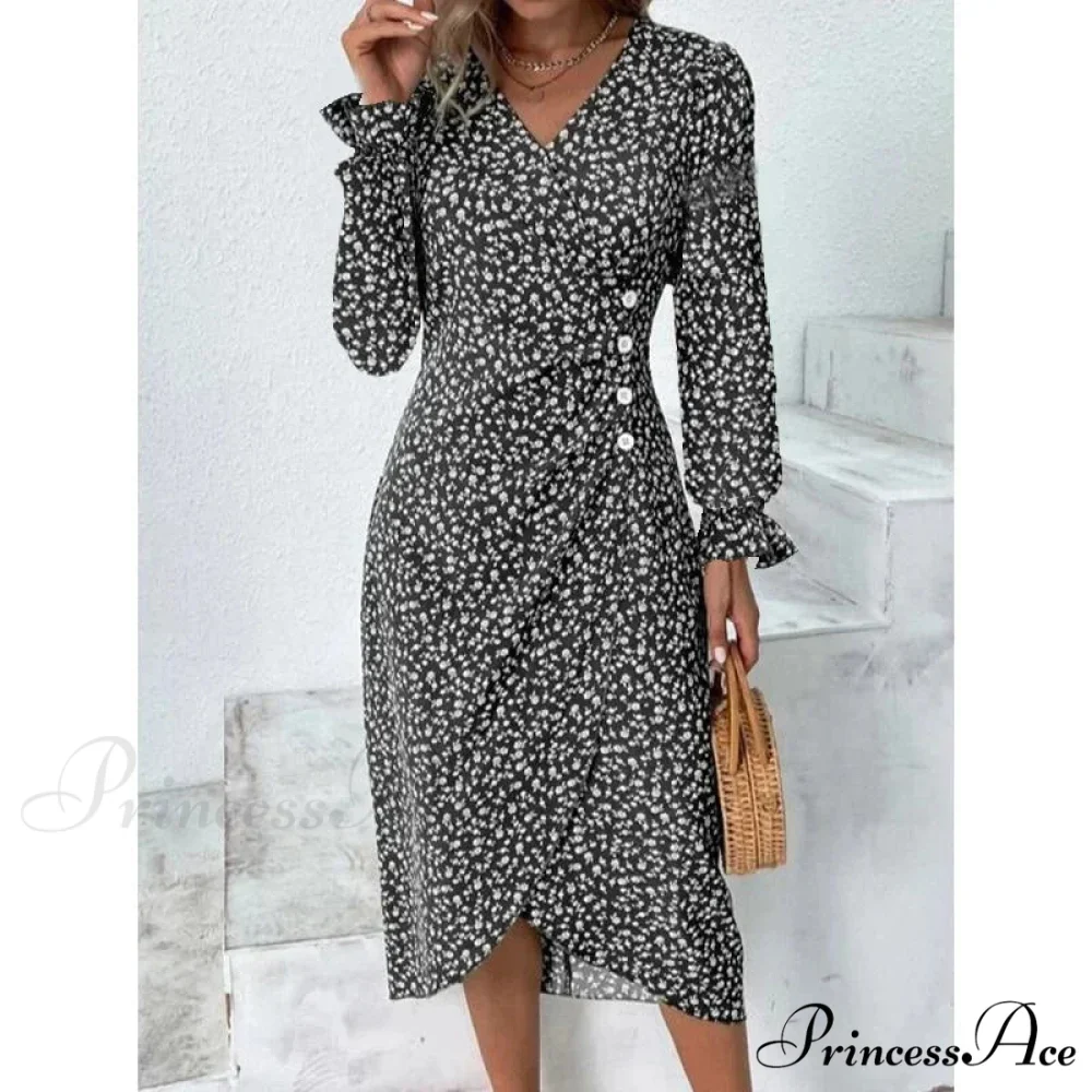 Graceful Flower Midi Puff Sleeve Gathered Waist Flower Dress - Image 4