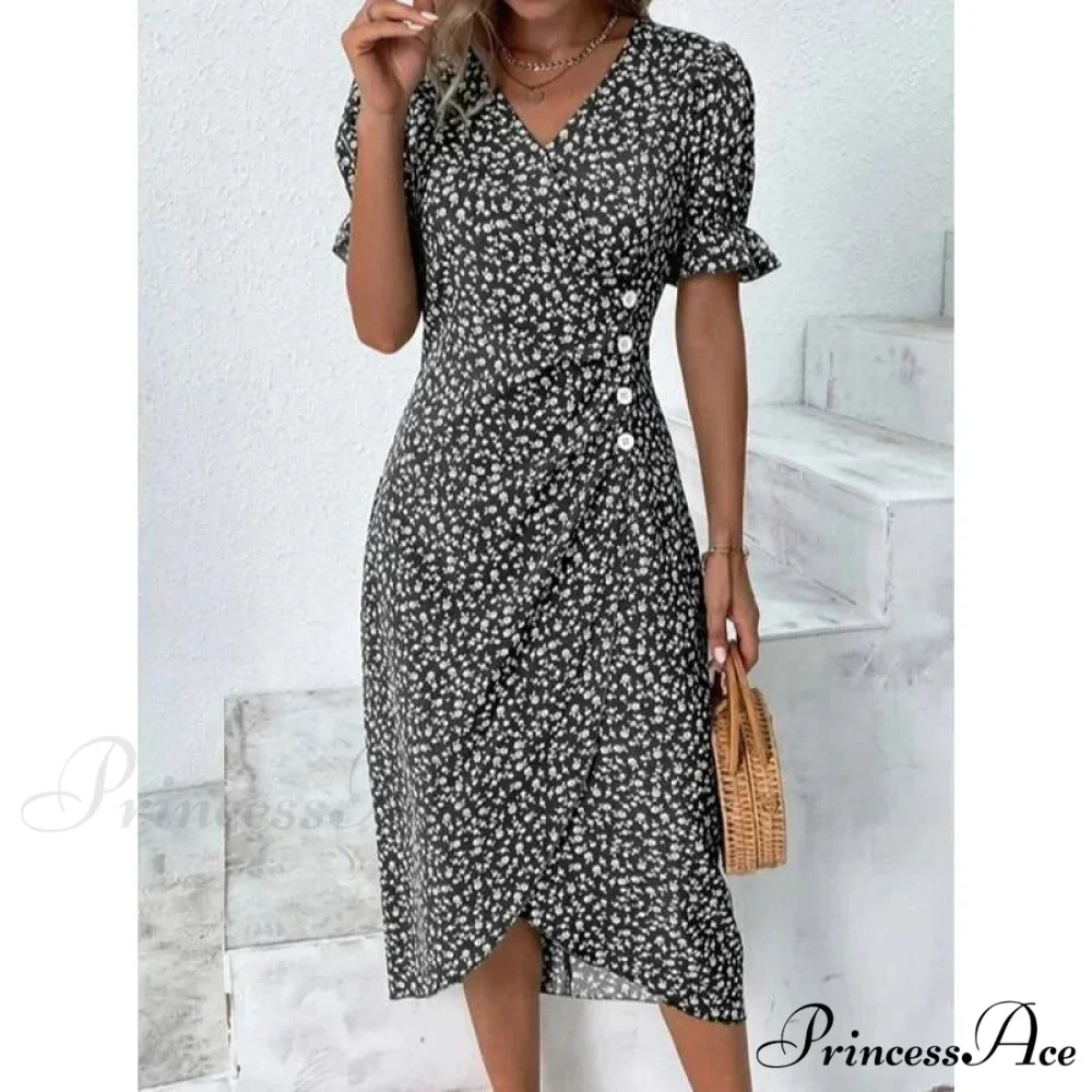 Graceful Flower Midi Puff Sleeve Gathered Waist Flower Dress - Image 7