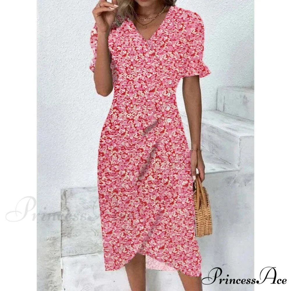 Graceful Flower Midi Puff Sleeve Gathered Waist Flower Dress - Image 8