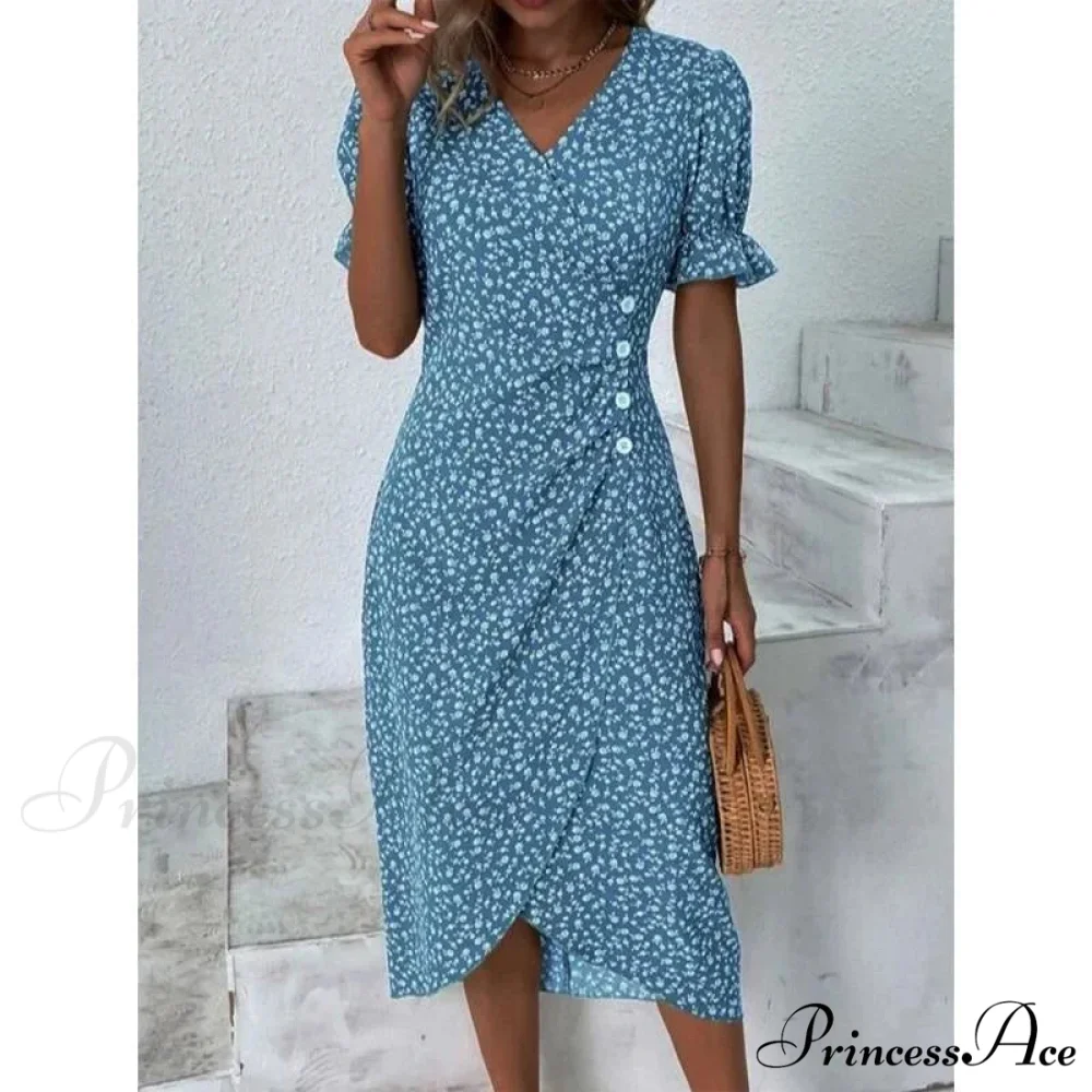Graceful Flower Midi Puff Sleeve Gathered Waist Flower Dress - Image 9