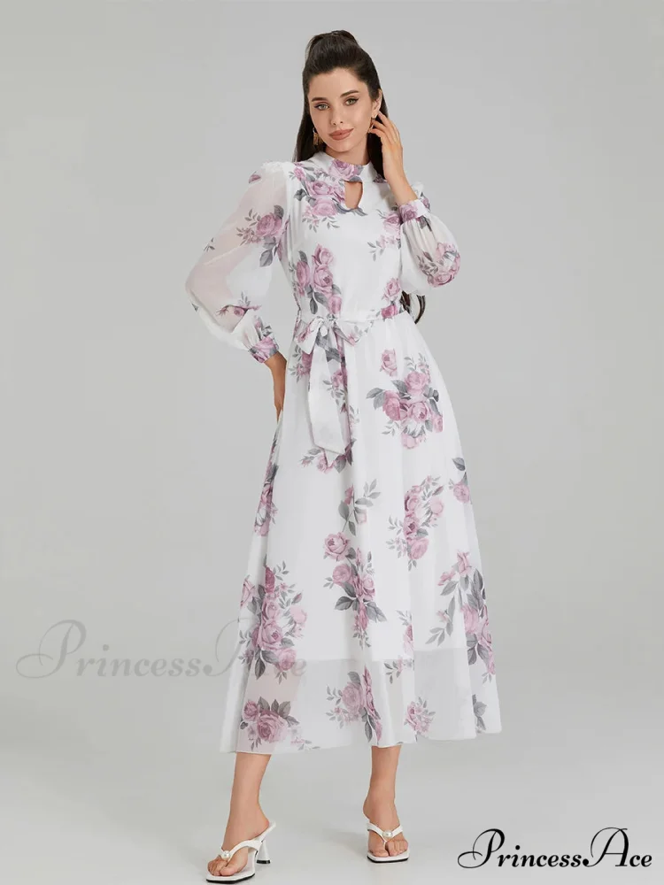 Graceful Flower Pattern Chiffon Long Lantern Sleeve Cinch Waist Flower Dress - Image 2