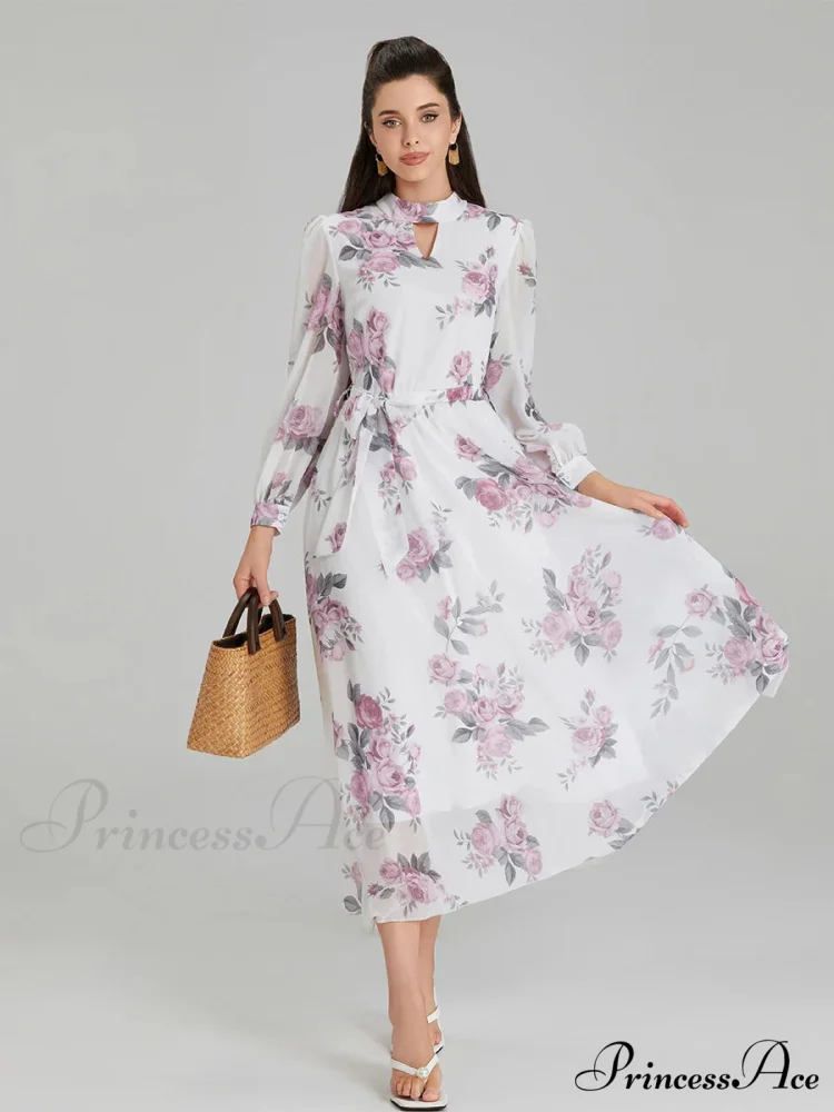 Graceful Flower Pattern Chiffon Long Lantern Sleeve Cinch Waist Flower Dress - Image 3
