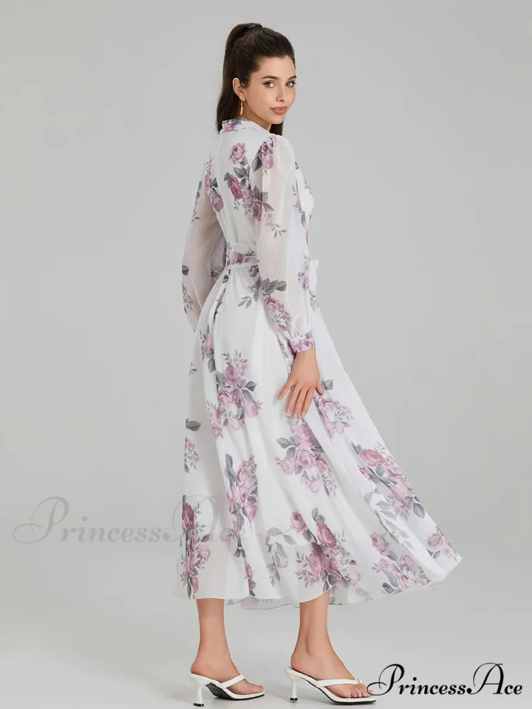 Graceful Flower Pattern Chiffon Long Lantern Sleeve Cinch Waist Flower Dress - Image 4