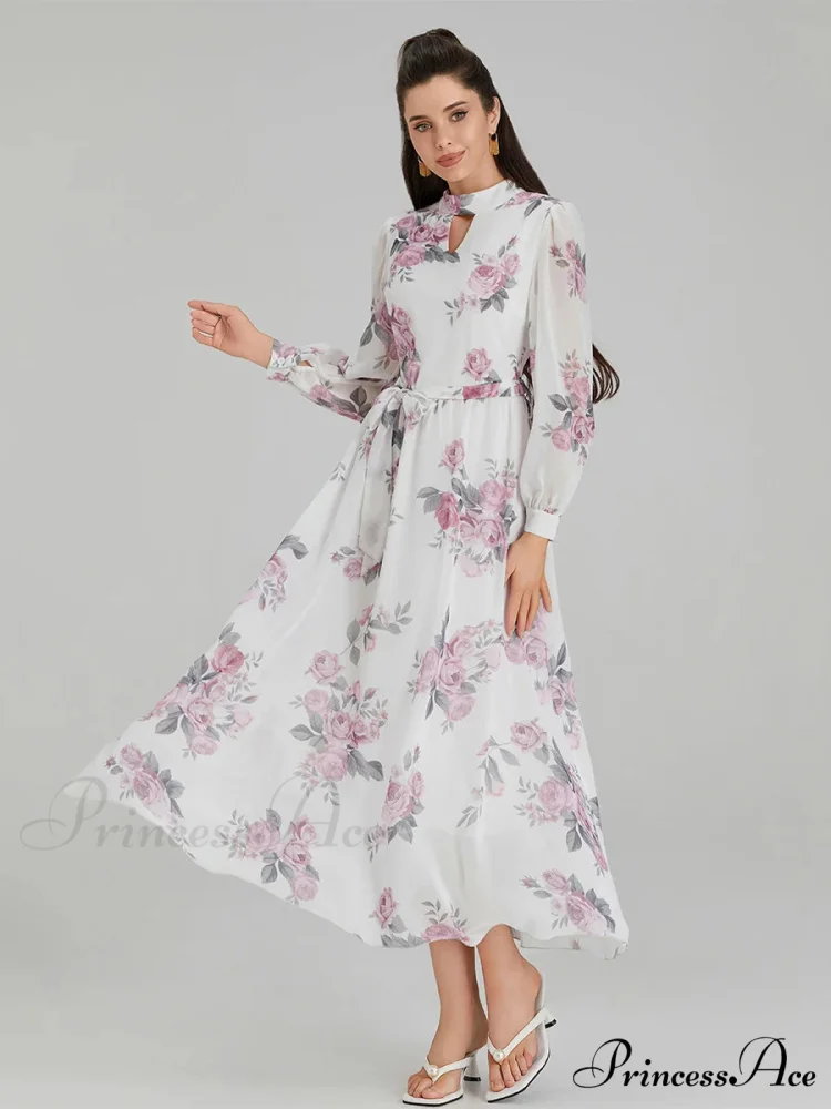 Graceful Flower Pattern Chiffon Long Lantern Sleeve Cinch Waist Flower Dress - Image 5