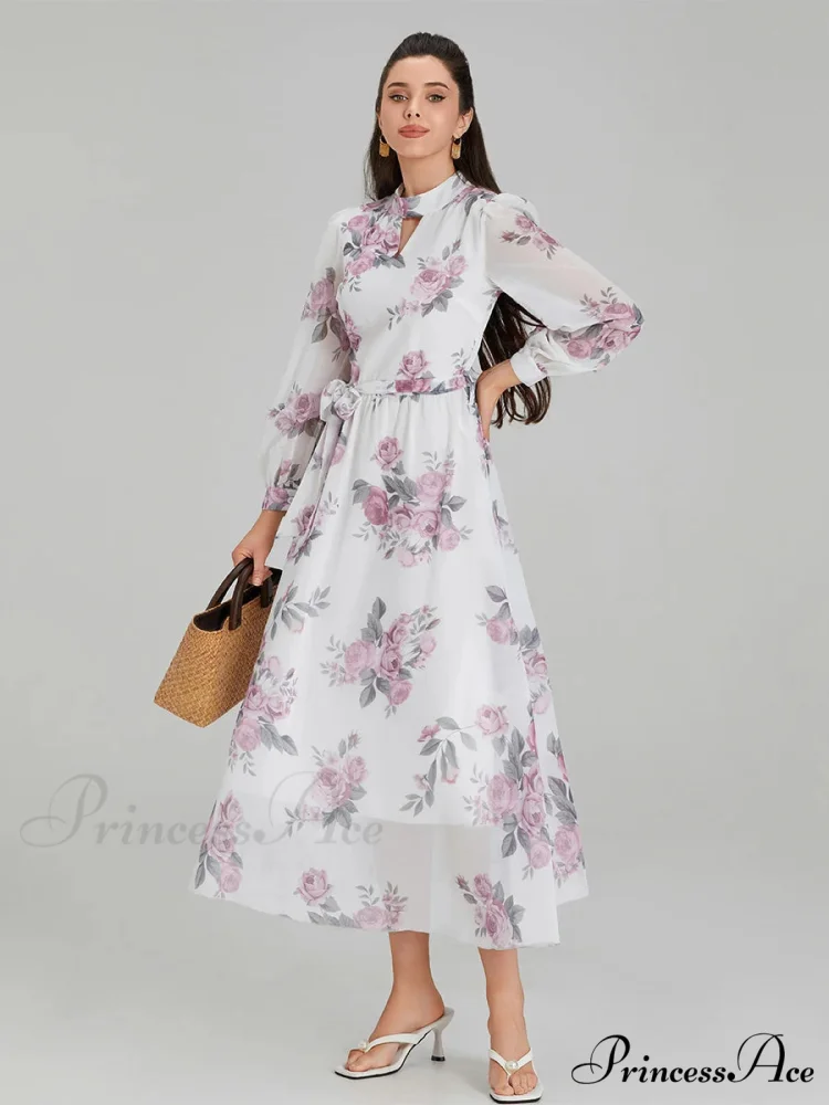 Graceful Flower Pattern Chiffon Long Lantern Sleeve Cinch Waist Flower Dress - Image 6