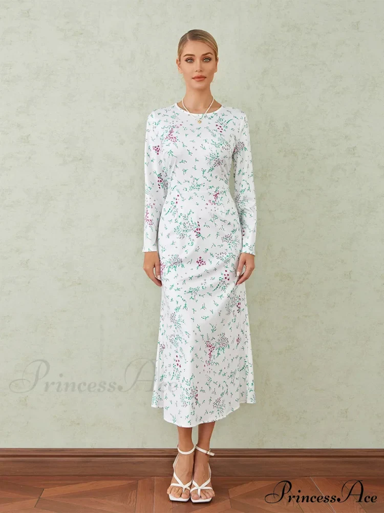 Graceful Flower Pattern Fishtail O-neck Wrap Midi Flower Dress - Image 2
