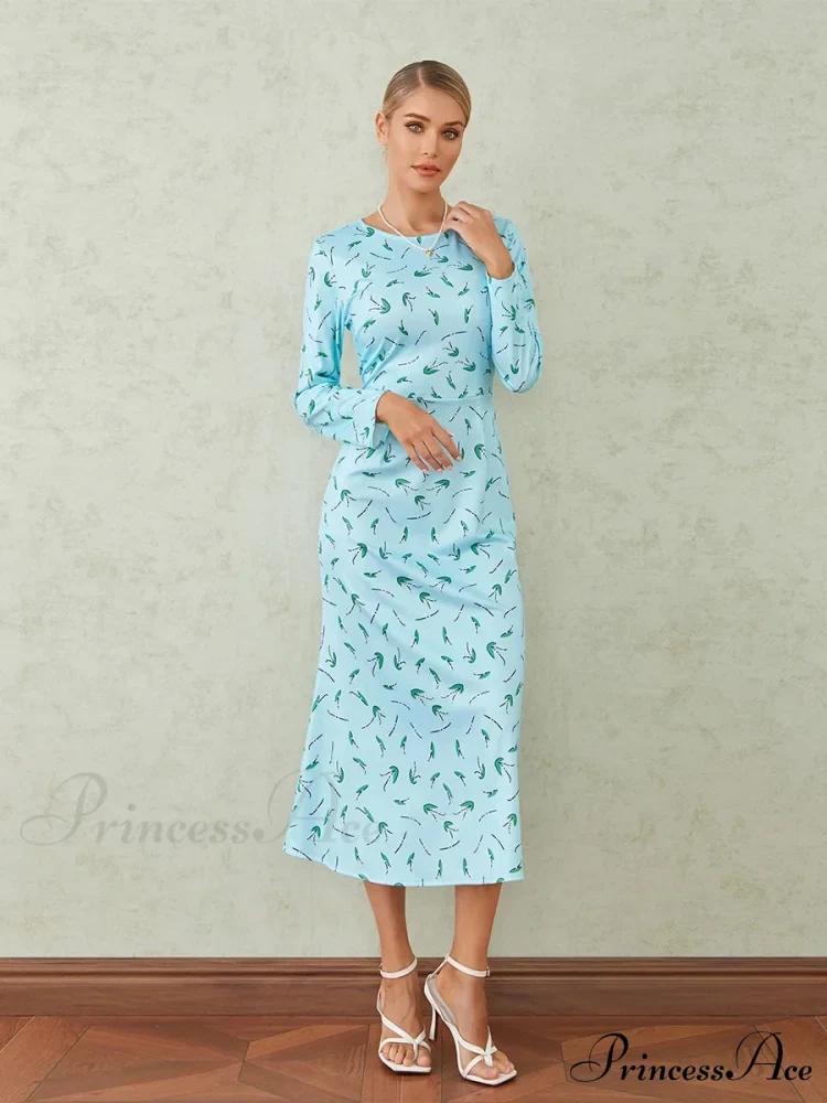 Graceful Flower Pattern Fishtail O-neck Wrap Midi Flower Dress - Image 3