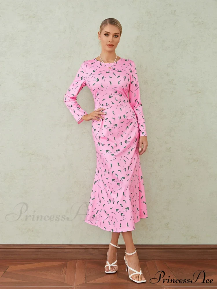 Graceful Flower Pattern Fishtail O-neck Wrap Midi Flower Dress - Image 4