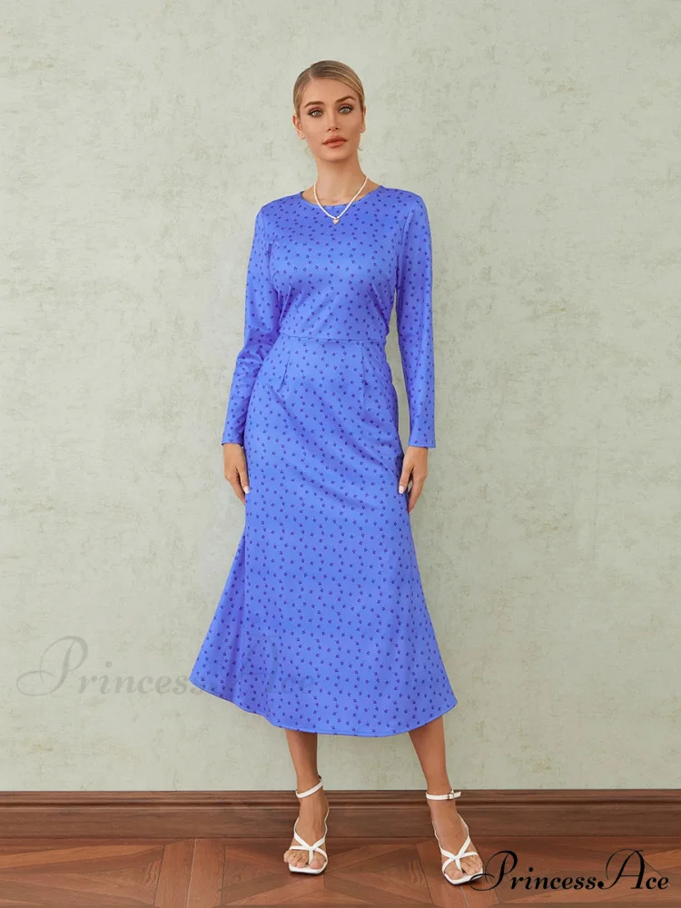 Graceful Flower Pattern Fishtail O-neck Wrap Midi Flower Dress - Image 5