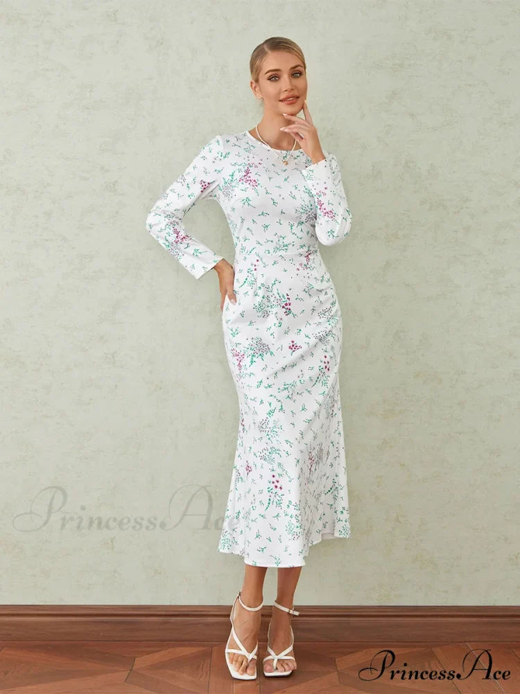 Graceful Flower Pattern Fishtail O-neck Wrap Midi Flower Dress - Image 8