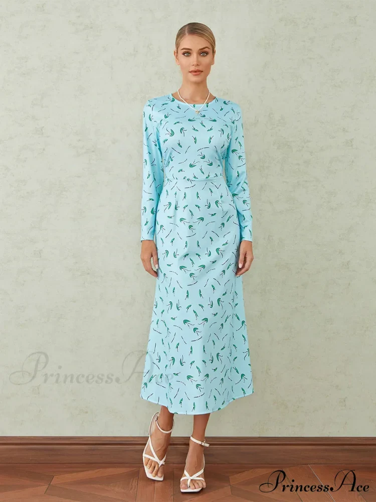 Graceful Flower Pattern Fishtail O-neck Wrap Midi Flower Dress - Image 9