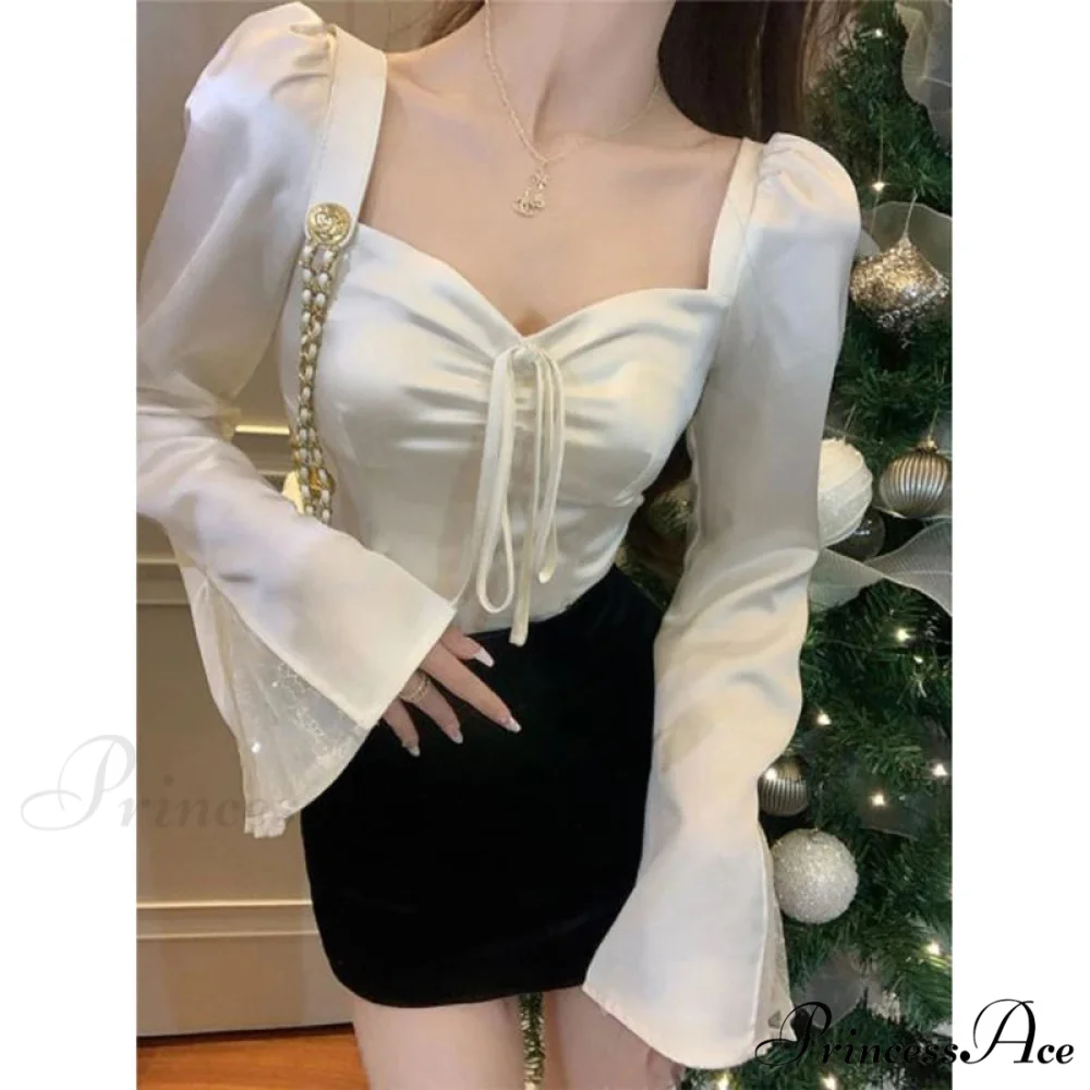 Graceful Lace Patchwork Flounce Sleeve Seductive Slender Blouse - Image 2