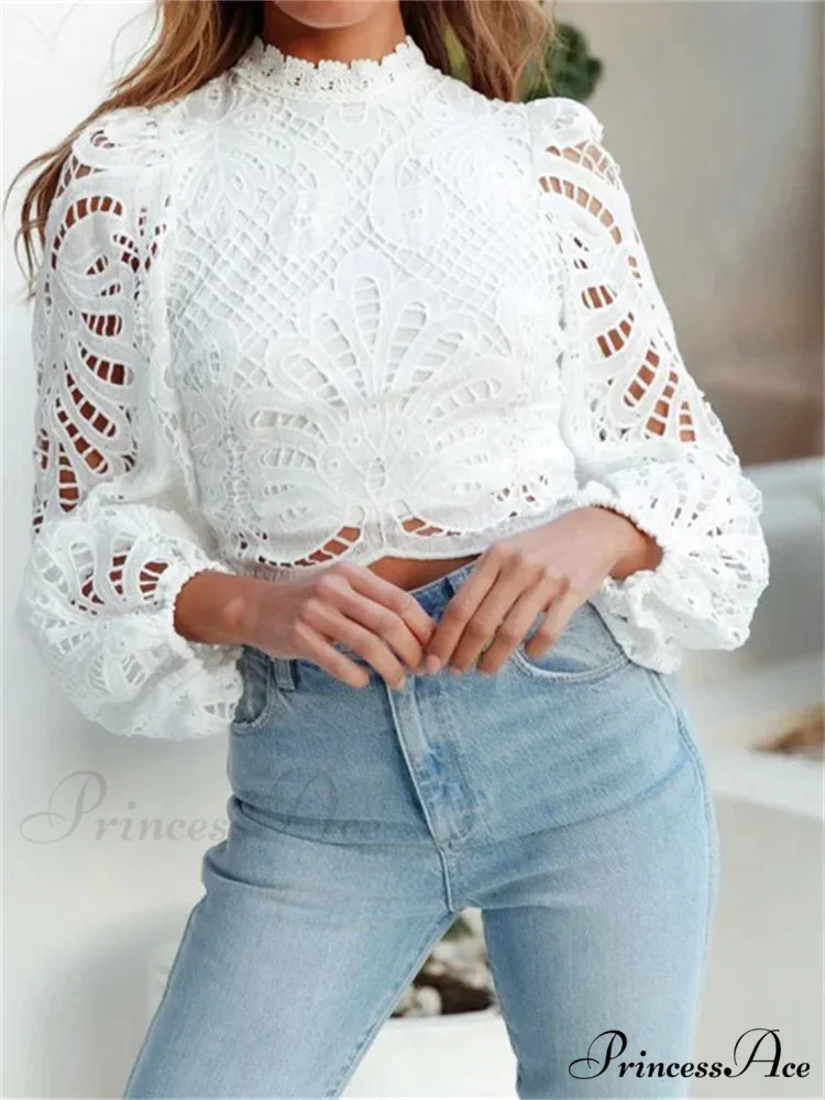 Graceful Lace Puff Sleeve Trim Fit Crop Blouse - Image 3