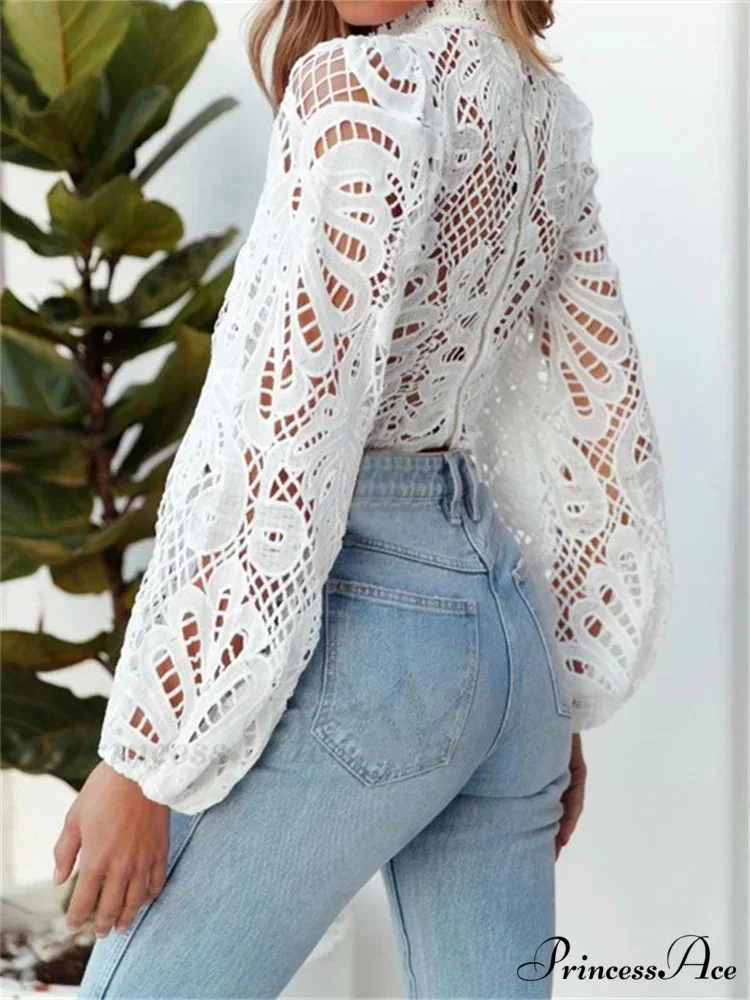 Graceful Lace Puff Sleeve Trim Fit Crop Blouse - Image 5