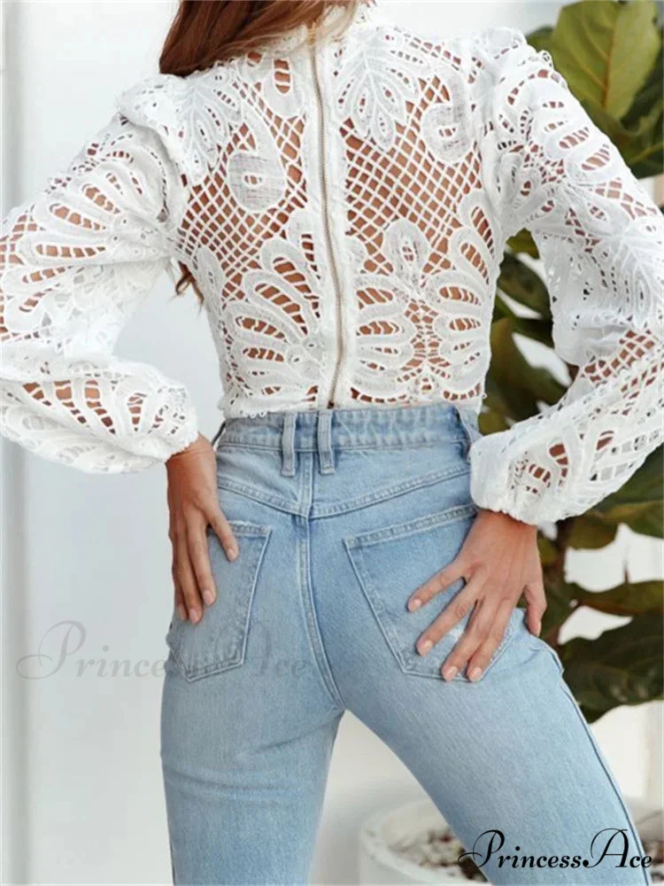 Graceful Lace Puff Sleeve Trim Fit Crop Blouse - Image 6