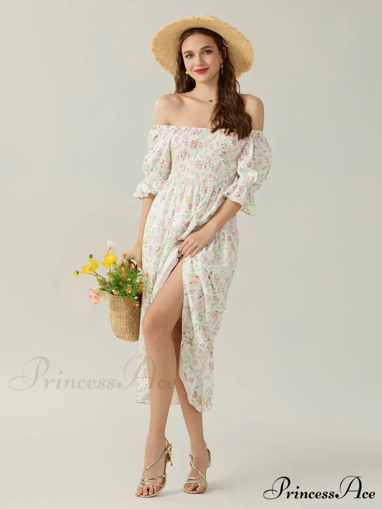 Graceful Off-Shoulder Celebration Half Sleeve Square Neck A-line Floral Dress - Image 2
