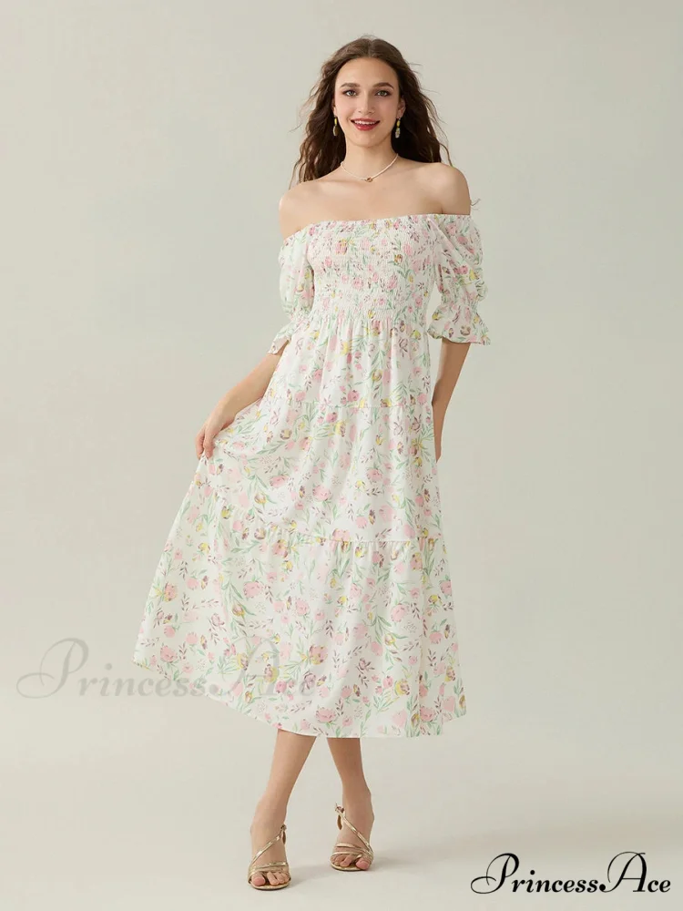 Graceful Off-Shoulder Celebration Half Sleeve Square Neck A-line Floral Dress - Image 3