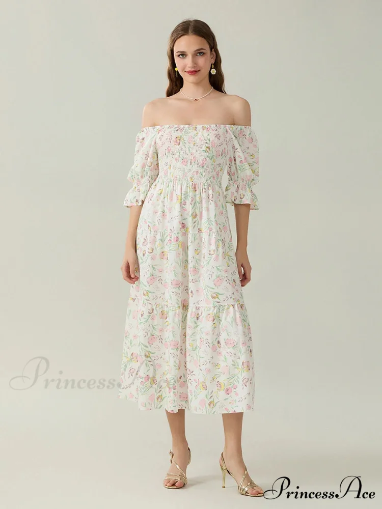 Graceful Off-Shoulder Celebration Half Sleeve Square Neck A-line Floral Dress - Image 4