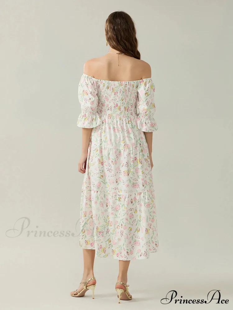 Graceful Off-Shoulder Celebration Half Sleeve Square Neck A-line Floral Dress - Image 5