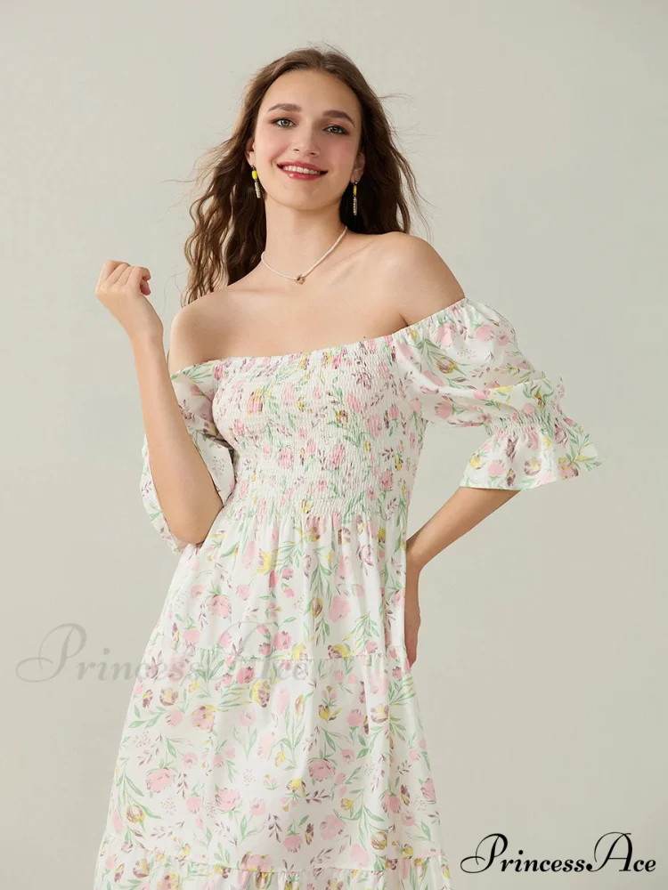 Graceful Off-Shoulder Celebration Half Sleeve Square Neck A-line Floral Dress - Image 6