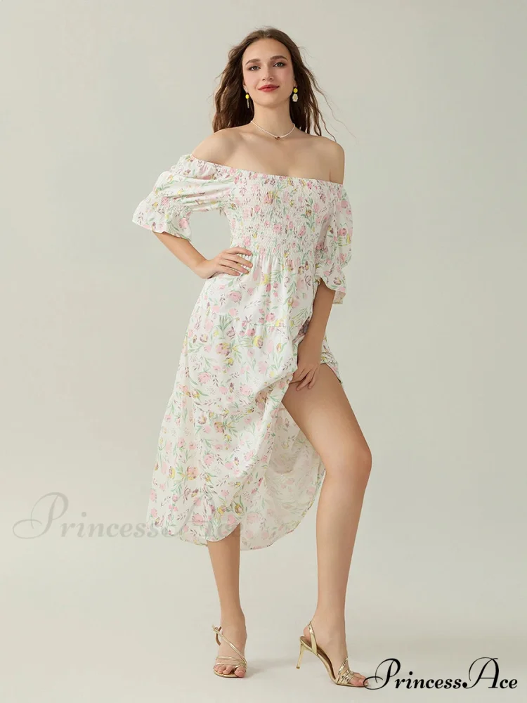 Graceful Off-Shoulder Celebration Half Sleeve Square Neck A-line Floral Dress - Image 7