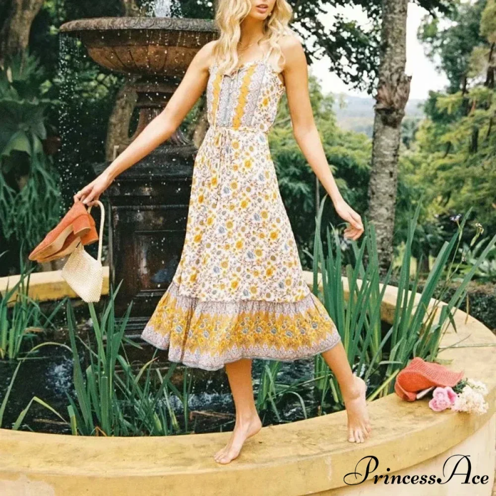 Graceful Sleeveless Flower Rayon Cotton Midi Boho Dress - Image 3