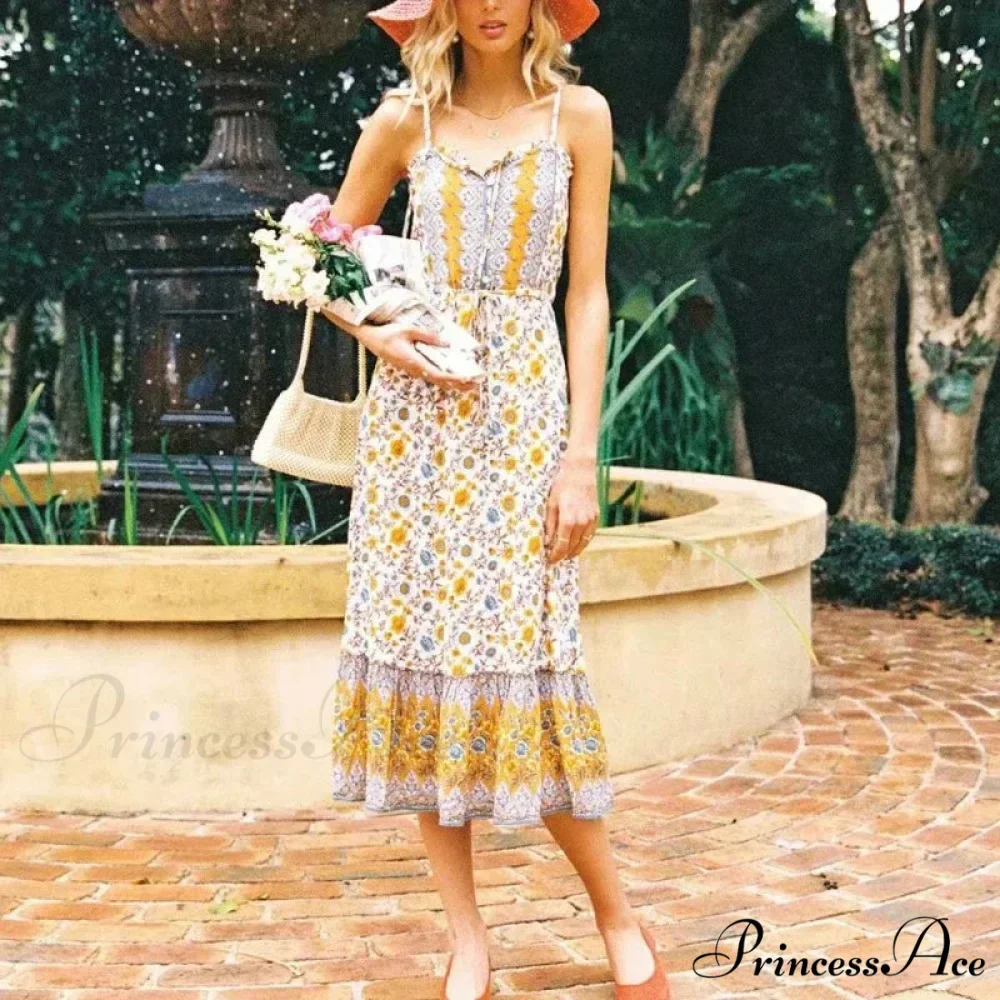 Graceful Sleeveless Flower Rayon Cotton Midi Boho Dress - Image 4