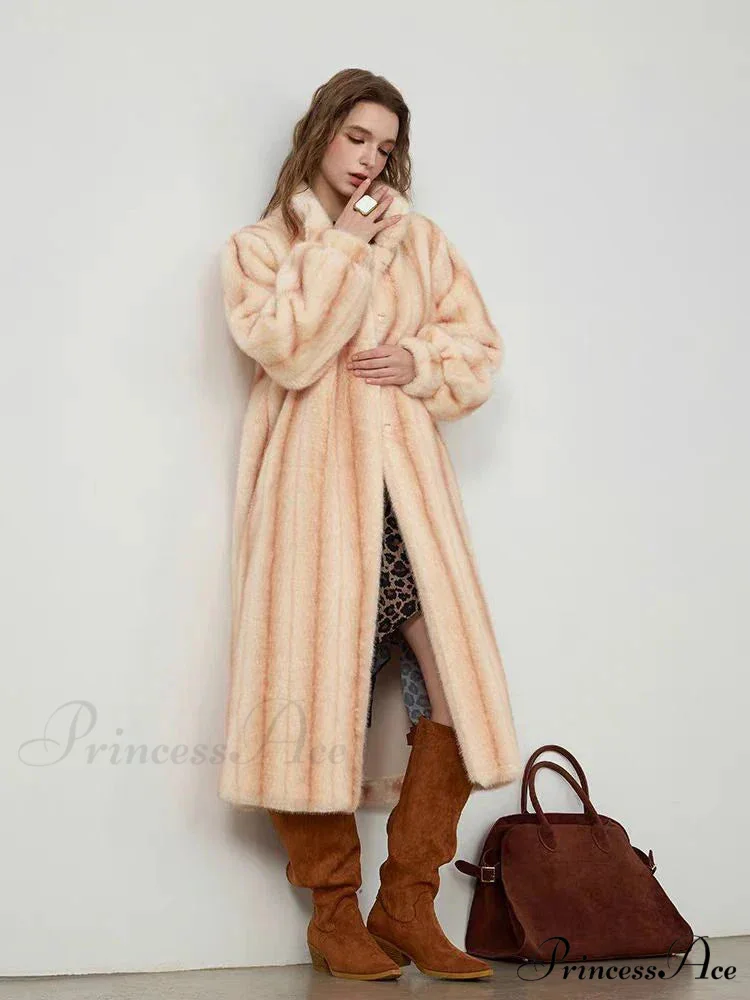 Graceful Upright Neckband Artificial Fur Mink Overcoat - Image 3