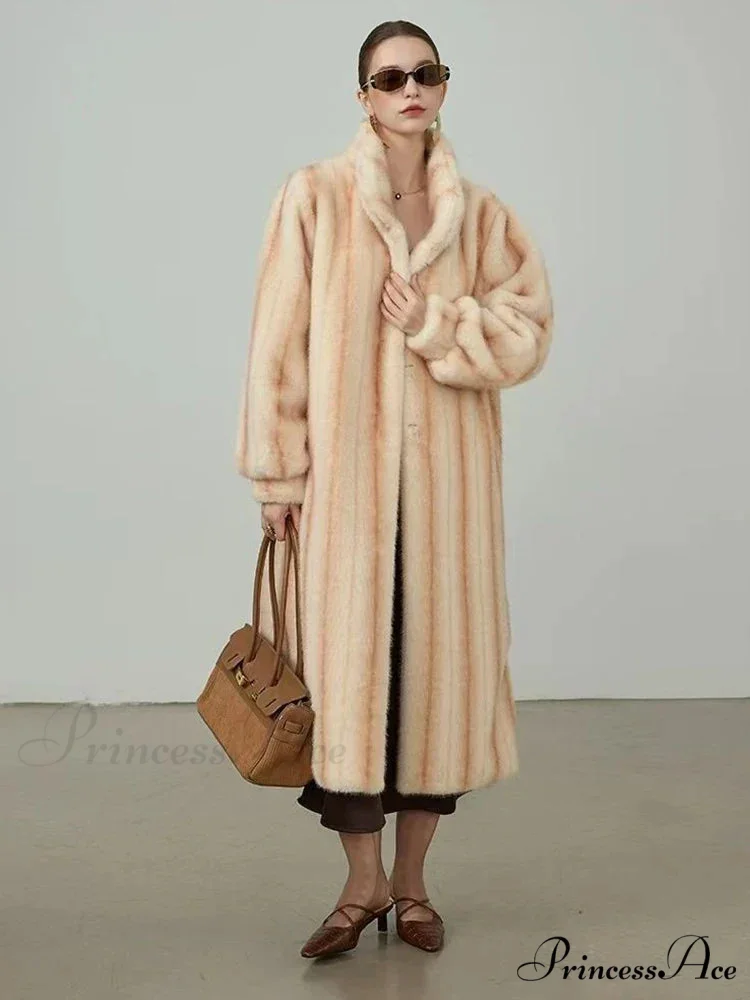 Graceful Upright Neckband Artificial Fur Mink Overcoat - Image 5