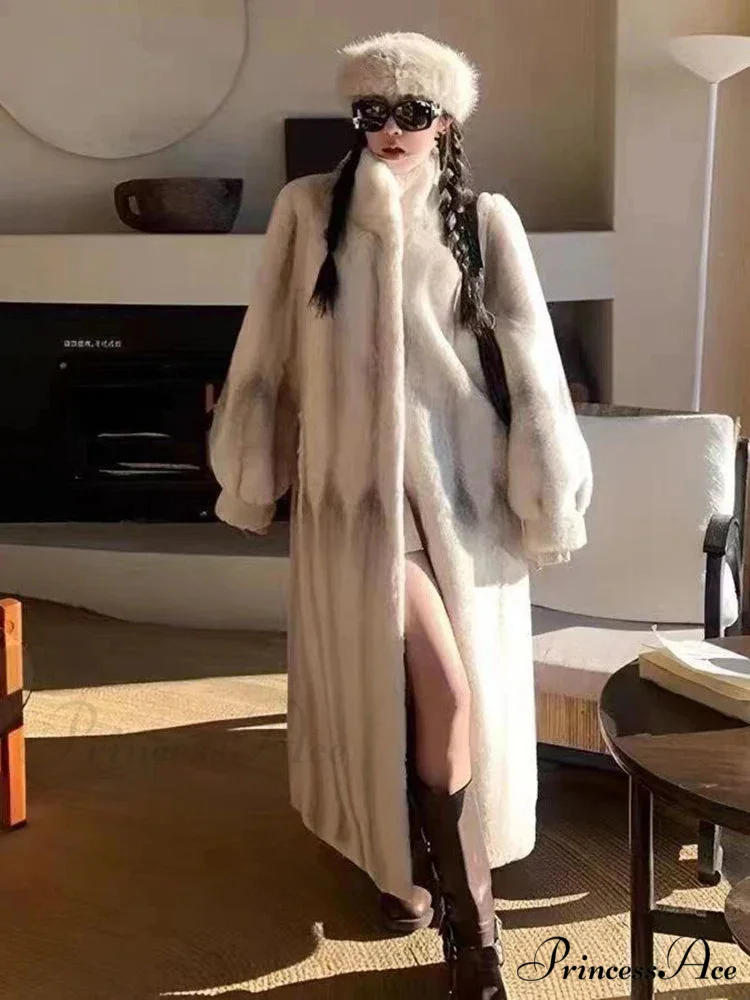 Graceful Upright Neckband Artificial Fur Mink Overcoat - Image 8