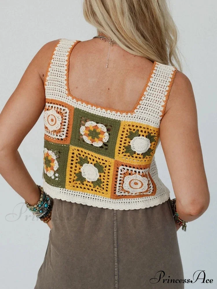 Granny Square Crochet Floral Embroidery Cami Top
Modified Output: Elderly Square Knitted Flower Stitched Camisole Top - Image 3