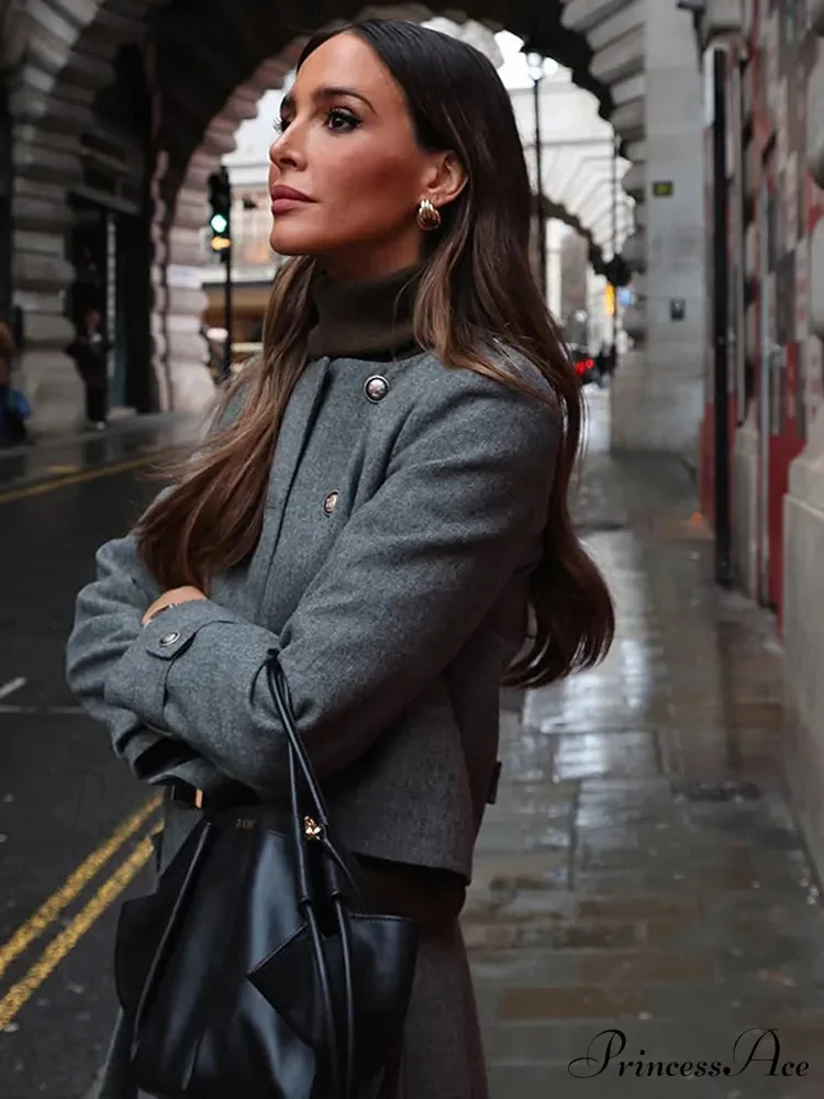 Gray Circular Neck Folded Short Skirt Jacket - Image 4