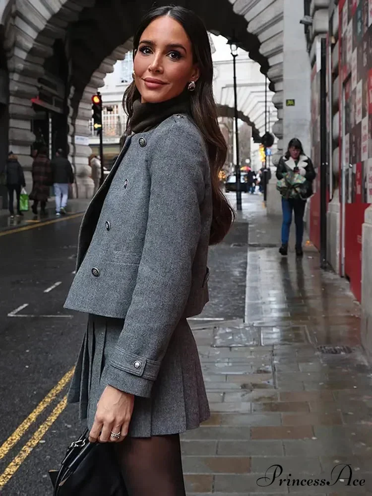 Gray Circular Neck Folded Short Skirt Jacket - Image 5
