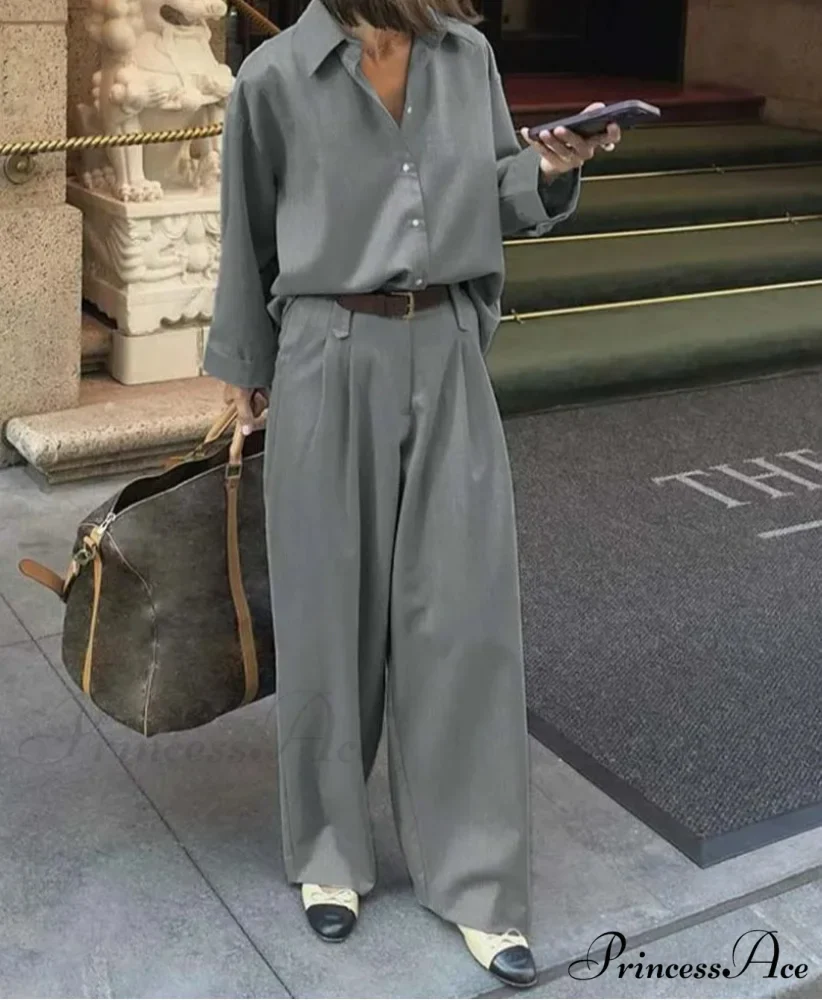 Gray Collar Button Basic Pants Office Two Piece Set