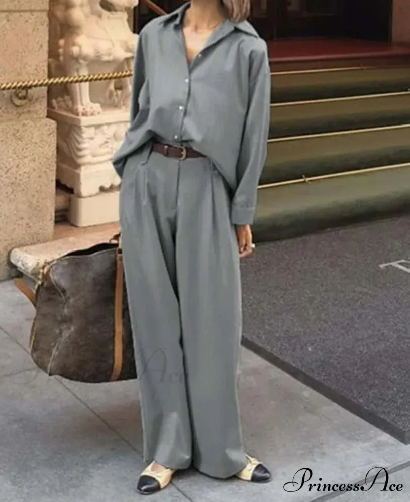 Gray Collar Button Basic Pants Office Two Piece Set - Image 2