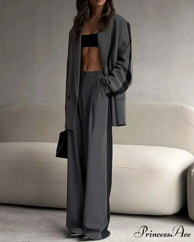 Gray Patchwork Blazer Pants Office Two Piece Set - Image 2