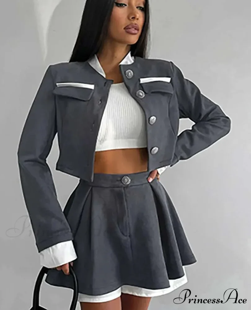 Gray Patchwork Crop Pleated Mini Workplace Two Piece Set
