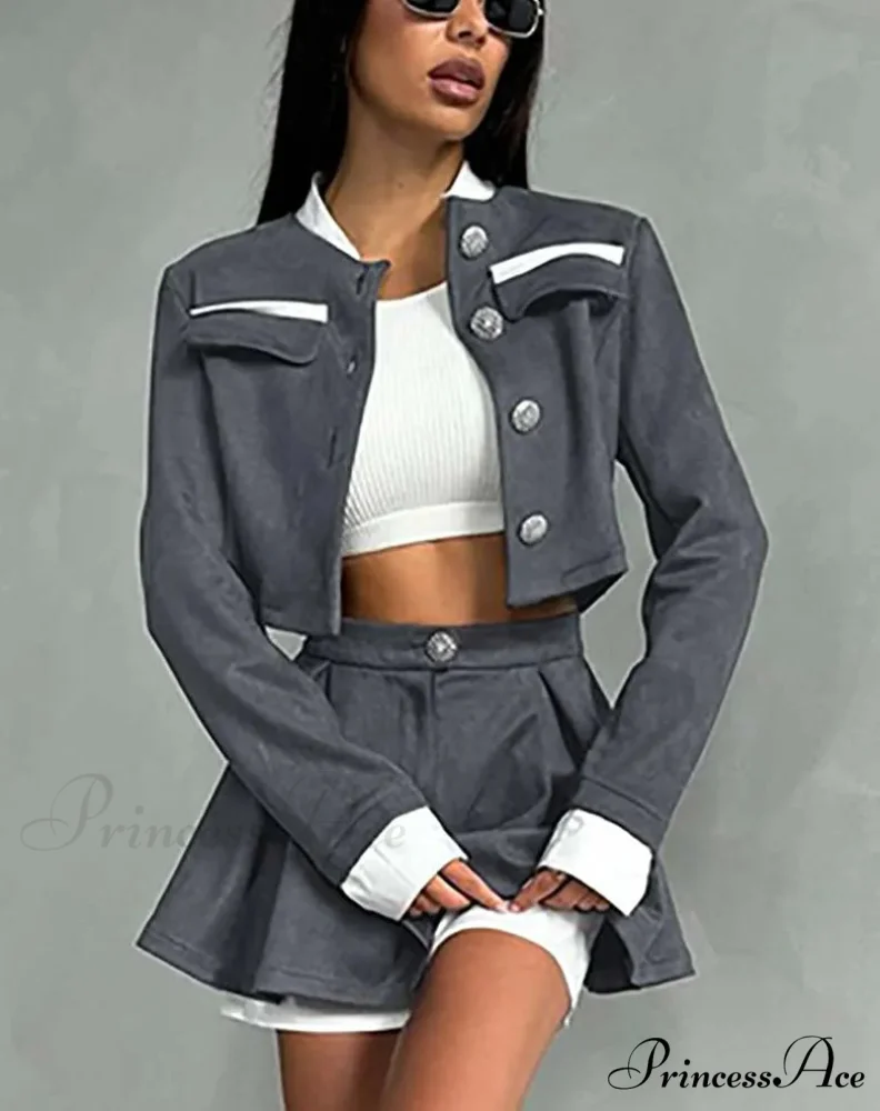 Gray Patchwork Crop Pleated Mini Workplace Two Piece Set - Image 2