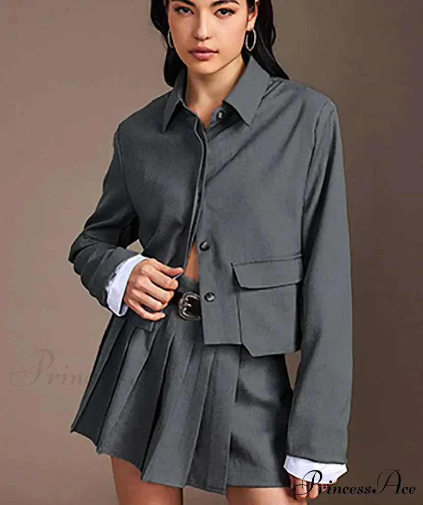 Gray Patchwork Pleated Mini Workplace Two Piece Set