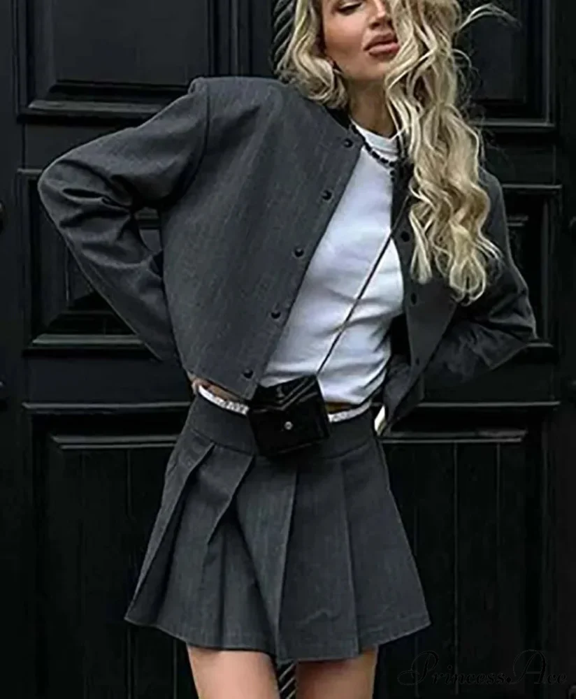 Gray Pattern Round Neck Folded Mini Work Two Piece Set
