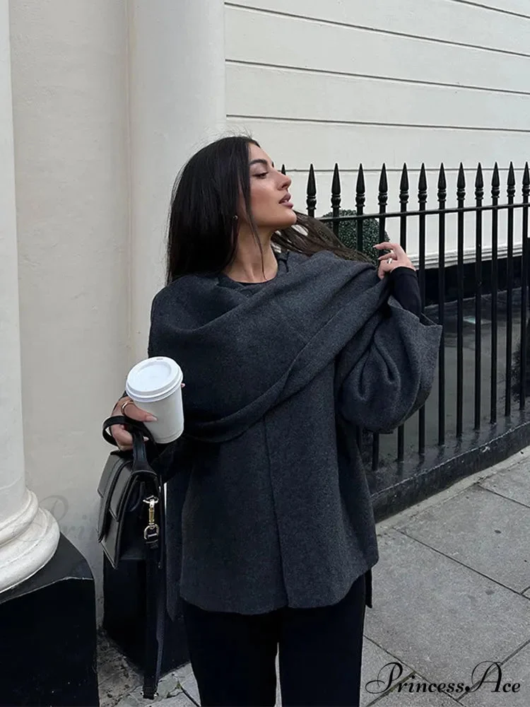 Gray Scarf Collar Woolen Jacket - Image 3