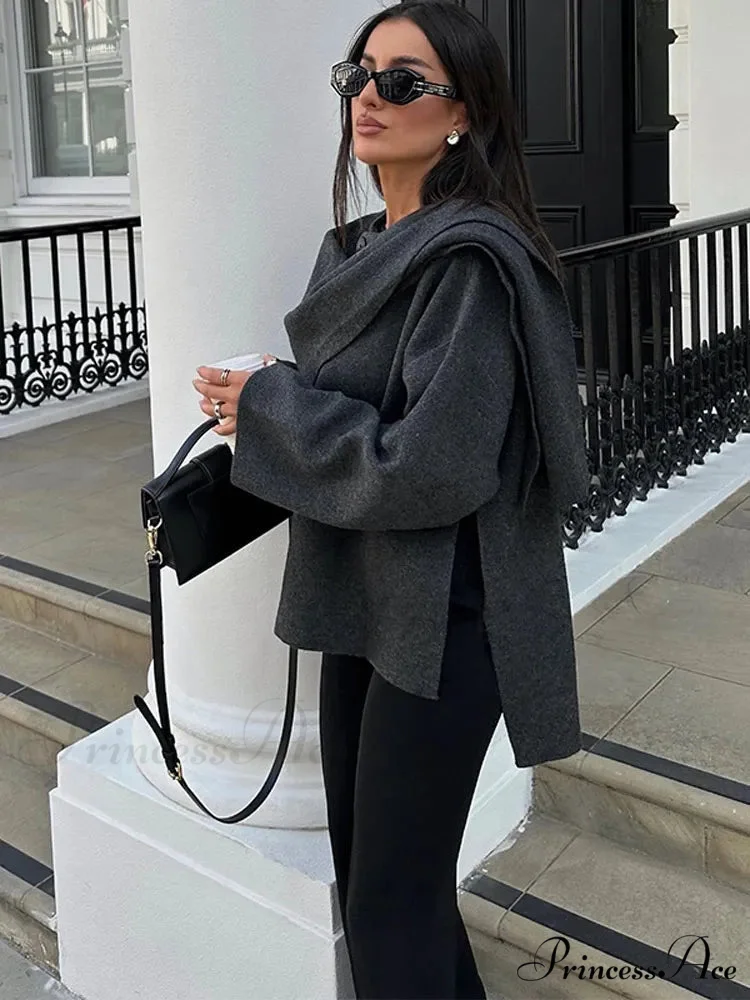 Gray Scarf Collar Woolen Jacket - Image 4