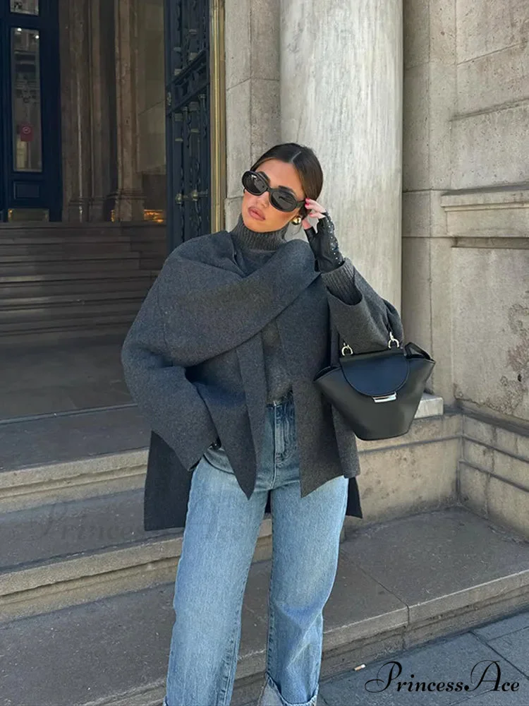 Gray Scarf Collar Woolen Jacket - Image 5