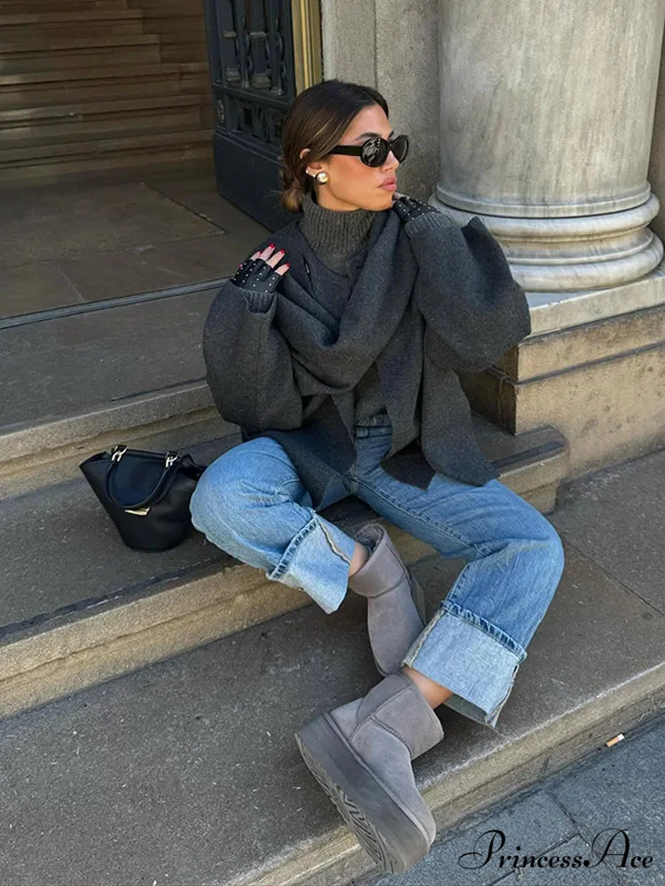 Gray Scarf Collar Woolen Jacket - Image 6